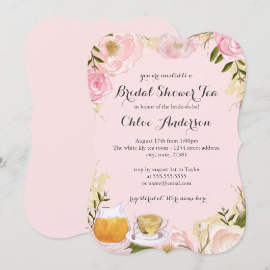 Roze Bloemen Teacup Bruids Douche Uitnodiging (Voorkant / Achterkant)