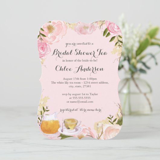 Roze Bloemen Teacup Bruids Douche Uitnodiging (Staand voorkant)