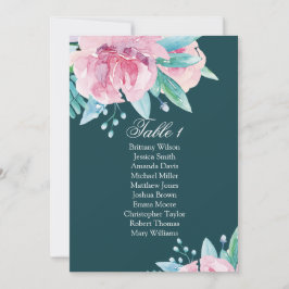 Roze bloemen. Teal bloemstuk bruiloft zitplaatsenk Kaart
