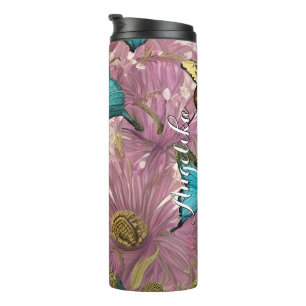 Roze Bloemen Teal en Gouden Vlinders Thermosbeker