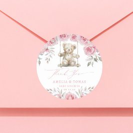 Roze Bloemen Teddy Meisje Baby shower Ronde Sticker