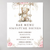 Roze Bloemen Teddybeer Baby shower Bar Menu Poster (Voorkant)