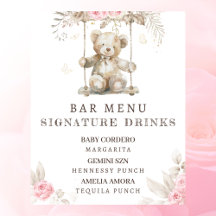 Roze Bloemen Teddybeer Baby shower Bar Menu