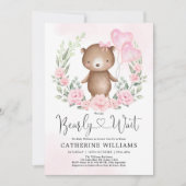 Roze Bloemen Teddybeer Ballonnen Meisje Baby showe Kaart (Voorkant)