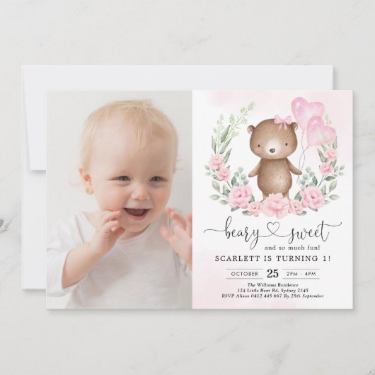 Roze Bloemen Teddybeer Meisje 1e Verjaardagsfeest Kaart (Voorkant)