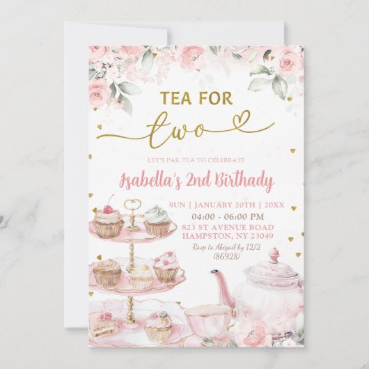 Roze Bloemen Thee voor Twee 2e Verjaardag Kaart (Voorkant)
