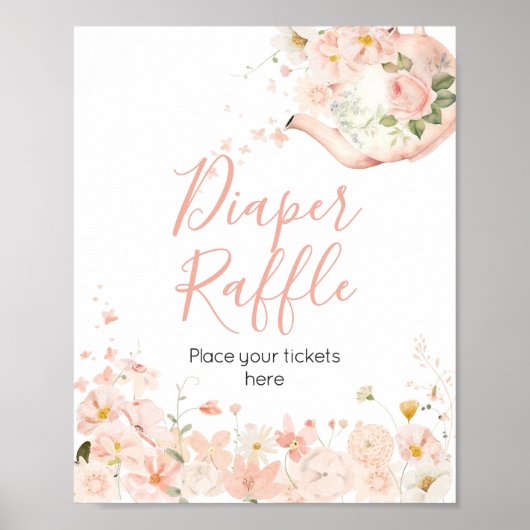 Roze Bloemen Thee voor Twee Baby shower Luier Raff Poster (Voorkant)