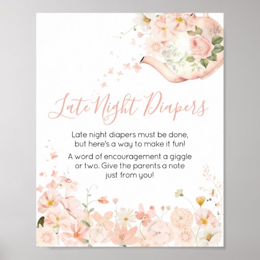Roze Bloemen Thee voor Twee Late Night Luiers Poster (Voorkant)