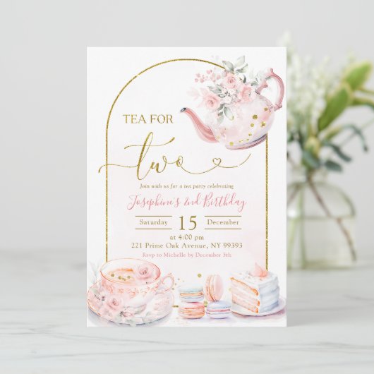 Roze Bloemen Thee voor Twee Meisje Verjaardagsfees Kaart (Staand voorkant)