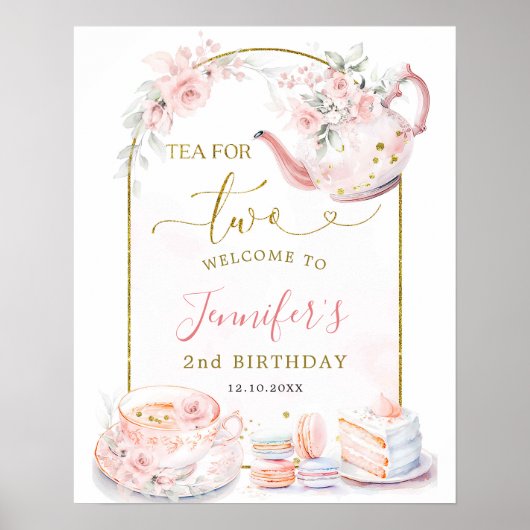 Roze Bloemen Thee voor Twee Verjaardag Welkomstbor Poster (Voorkant)