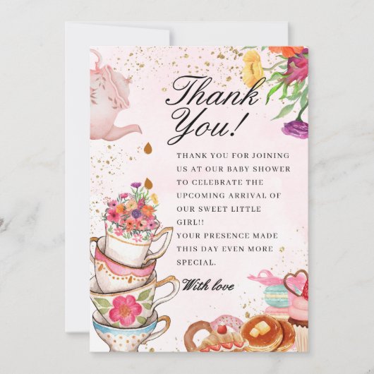Roze Bloemen theefeest Baby is Brouwen baby shower Bedankkaart (Voorkant)