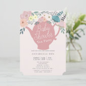 Roze Bloemen Theepot Tea Party Baby shower Kaart (Staand voorkant)