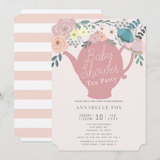 Roze Bloemen Theepot Tea Party Baby shower Kaart (Voorkant / Achterkant)
