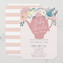 Roze Bloemen Theepot Tea Party Baby shower Kaart
