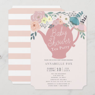 Roze Bloemen Theepot Tea Party Baby shower Kaart