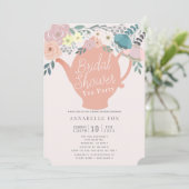 Roze Bloemen Theepot Tea Party Vrijgezellenfeest Kaart (Staand voorkant)