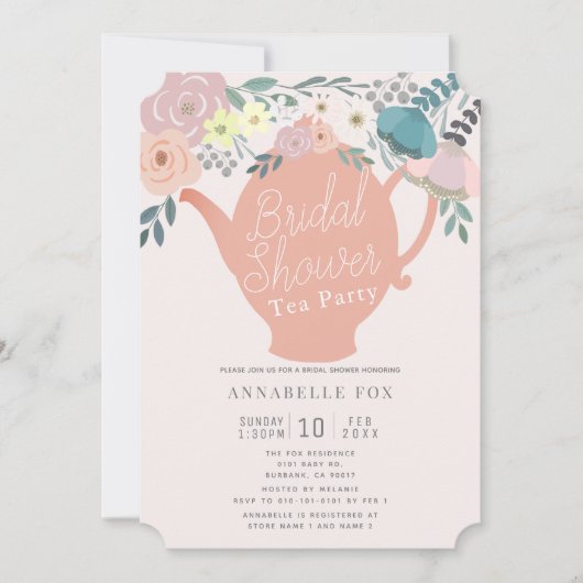 Roze Bloemen Theepot Tea Party Vrijgezellenfeest Kaart (Voorkant)