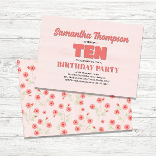 Roze Bloemen Tiende Verjaardag Meisje Party Sjablo Kaart