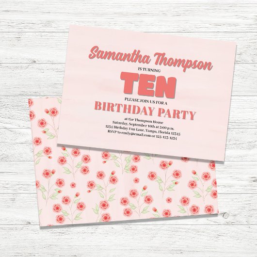 Roze Bloemen Tiende Verjaardag Meisje Party Sjablo Kaart
