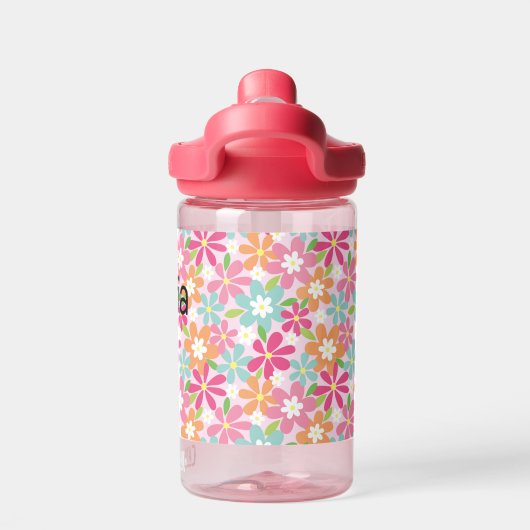 Roze bloemen Toddler personaliseer duurzame naam Waterfles (Achterkant)