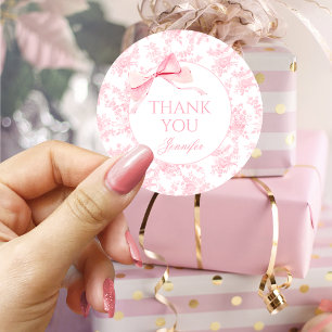 Roze Bloemen Toile Bow Ribbon Baby Meisje Douche Ronde Sticker