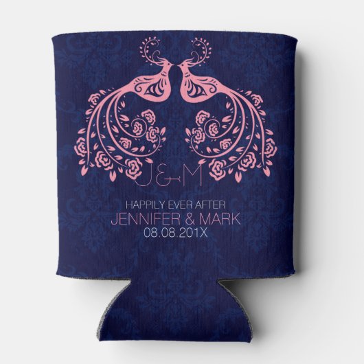 Roze Bloemen Tortelduifjes Donkerblauw Custom Acht Blikjeskoeler (Achterkant)