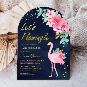 Roze Bloemen Tropische Flamingo Navy Baby shower Kaart