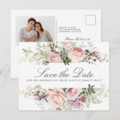Roze Bloemen Trouwfoto Save the Date Uitnodiging Briefkaart (Voorkant / Achterkant)