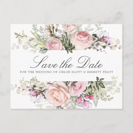 Roze Bloemen Trouwfoto Save the Date Uitnodiging Briefkaart (Voorkant)