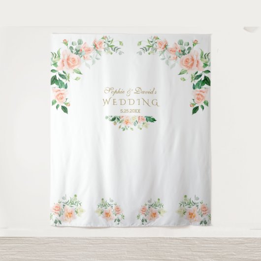 Roze Bloemen Trouwfotokiosk Accessoire Wandkleed (Voorkant)