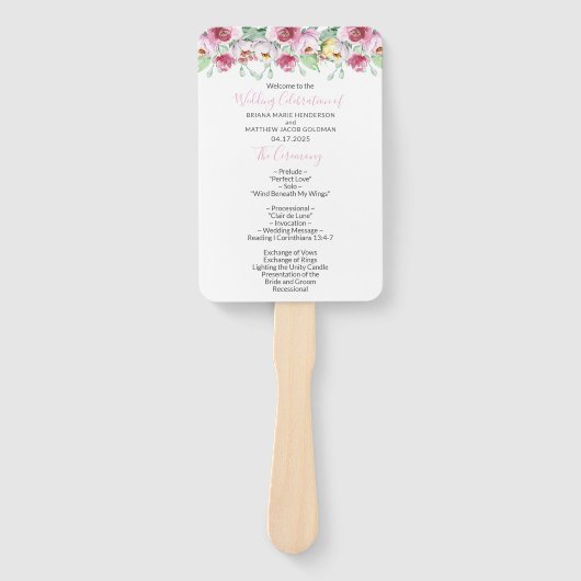 Roze Bloemen Trouwprogramma Hand Fan Handwaaier (Voorkant)