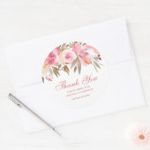 Roze Bloemen Trouwscript Dank u Ronde Sticker (Envelop)