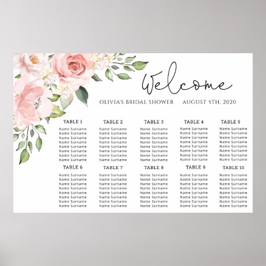 Roze bloemen trouwstoelindeling poster (Voorkant)