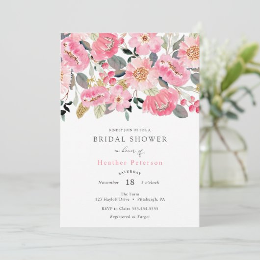 Roze Bloemen Tuin Bruids Douche Uitnodiging (Staand voorkant)