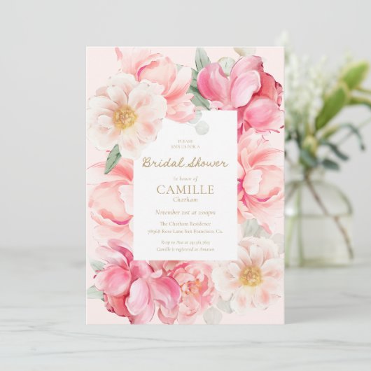 Roze Bloemen Tuin Bruids Douche Uitnodiging (Staand voorkant)