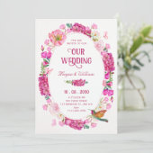 Roze bloemen tuin bruiloft kaart (Staand voorkant)