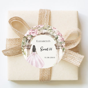 Roze bloemen tuin marmeren boog jurk Sweet 16 Ronde Sticker