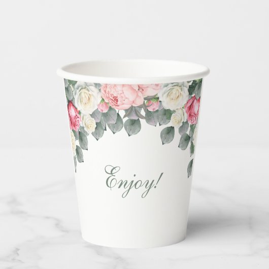 Roze Bloemen  Tuin Rozen Baby shower Papieren Bekers (Voorkant)