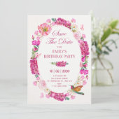 Roze bloemen tuin save the date (Staand voorkant)