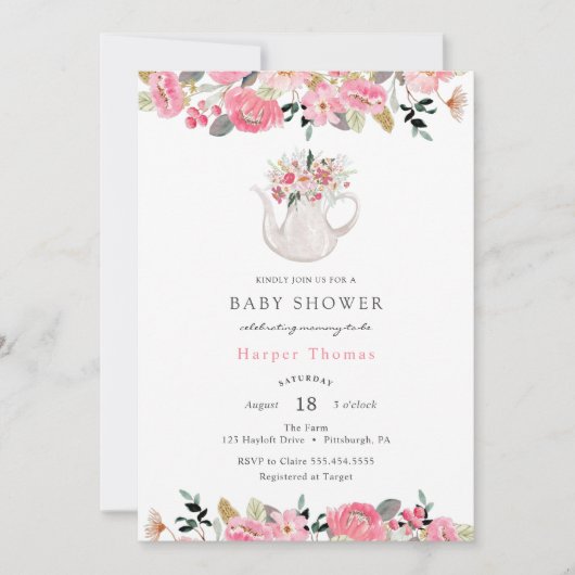 Roze Bloemen Tuin Thee Party Baby shower Kaart (Voorkant)