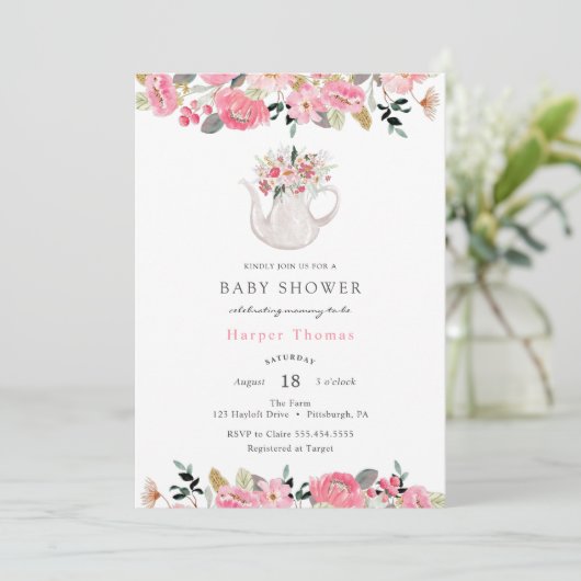 Roze Bloemen Tuin Thee Party Baby shower Kaart (Staand voorkant)