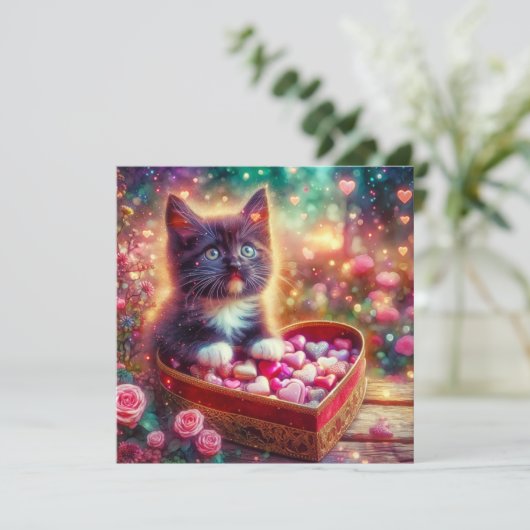 Roze Bloemen Tuxedo Kitten Heart Fantasy Valentijn Feestdagenkaart (Staand voorkant)