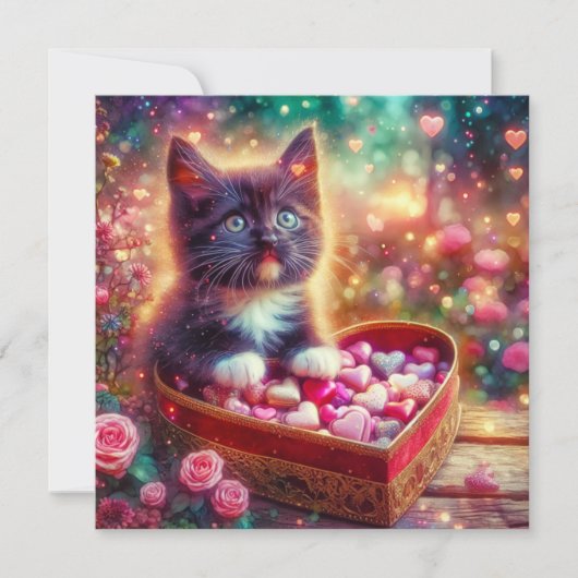 Roze Bloemen Tuxedo Kitten Heart Fantasy Valentijn Feestdagenkaart (Voorkant)