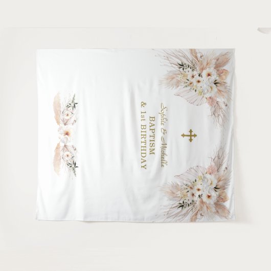 Roze bloemen tweeling 1e verjaardag doop linten wandkleed (Voorkant (horizontaal))