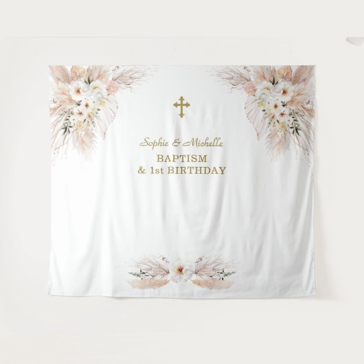 Roze bloemen tweeling meisjes 1e verjaardag doop  wandkleed (Voorkant (horizontaal))