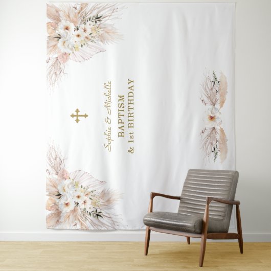 Roze bloemen tweeling meisjes 1e verjaardag doop  wandkleed (In situ)