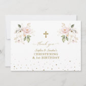 Roze bloemen tweeling meisjes 1e verjaardag doopfe bedankkaart (Voorkant)