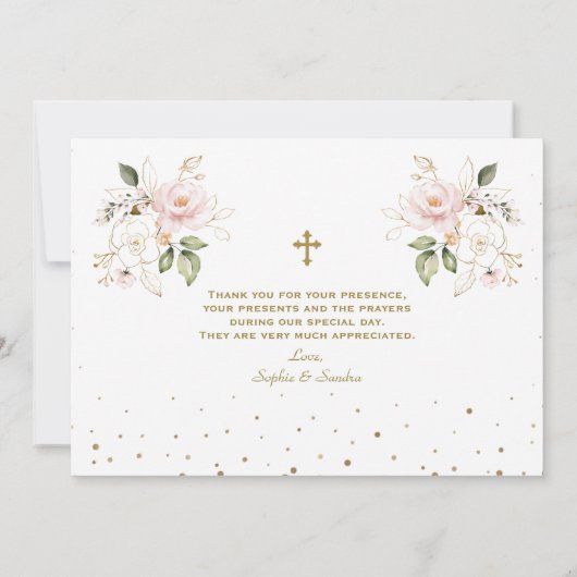 Roze bloemen tweeling meisjes 1e verjaardag doopfe bedankkaart (Achterkant)