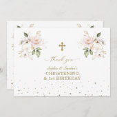 Roze bloemen tweeling meisjes 1e verjaardag doopfe bedankkaart (Voorkant / Achterkant)