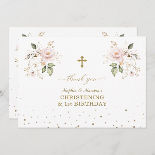 Roze bloemen tweeling meisjes 1e verjaardag doopfe bedankkaart (Voorkant / Achterkant)